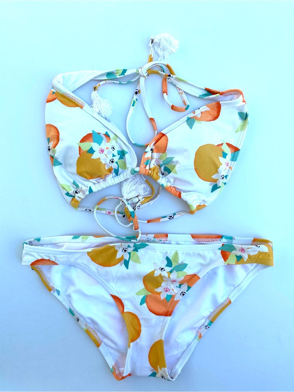 Kate Spade New York White Peach Floral Bikini Set Tassel Tie Halter